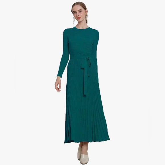 RanRui Womens Pleated Knit Fit & Flare Long Sleeve Cashmere Blend Sweater Dress - Picture 1 of 3